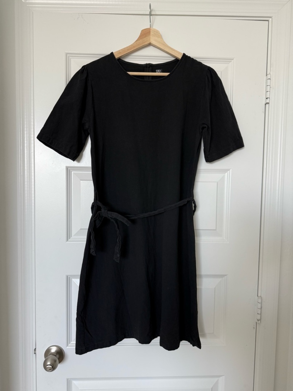 Albion Fit Black Cotton Short Sleeve Tie Waist Dress Medium